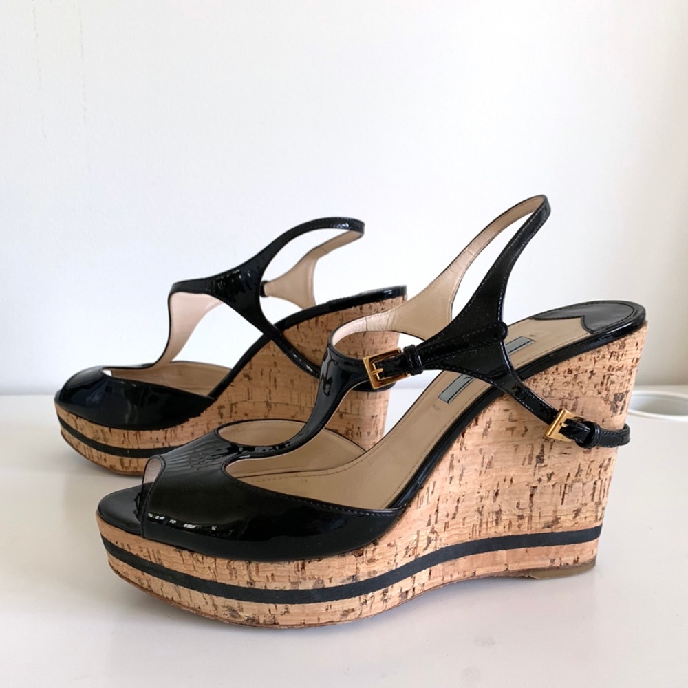 PRADA Patent Leather Peep-Toe Sandal Wedges